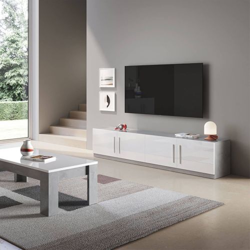 Meuble TV 4 Portes Moderne Laqué Blanc Et Marbre Poignées En Métal - Clark