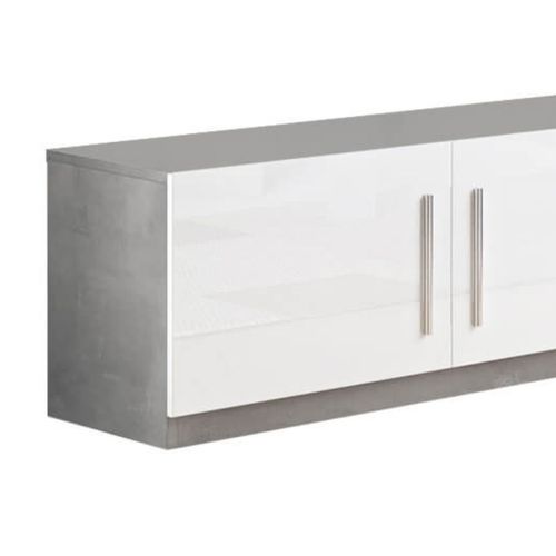 Meuble TV 4 Portes Moderne Laqué Blanc Et Marbre Poignées En Métal - Clark
