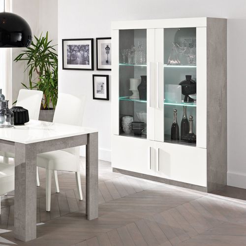 Vitrine 4 Portes Laquée Blanc Et Marbre Poignées Métal Avec LEDs - Clark