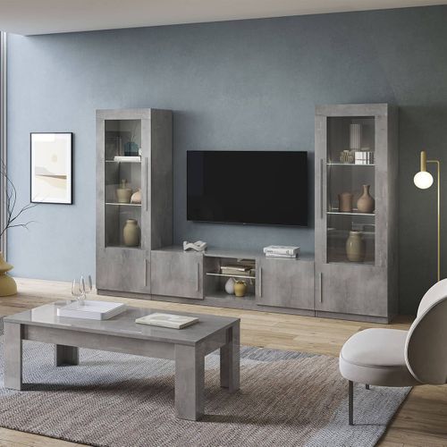 Meuble TV 2 Portes Moderne Laqué Effet Marbre Avec LEDs - Clark