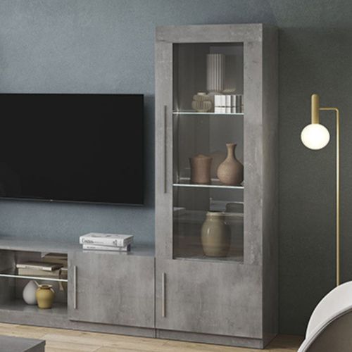 Vitrine Droite Laquée Effet Marbre Poignées Métal Avec LEDs - Clark