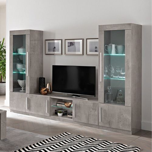 Vitrine Gauche Laquée Effet Marbre Poignées Métal Avec LEDs - Clark