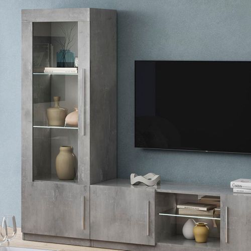 Vitrine Gauche Laquée Effet Marbre Poignées Métal Avec LEDs - Clark