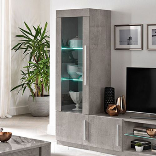 Vitrine Gauche Laquée Effet Marbre Poignées Métal Avec LEDs - Clark