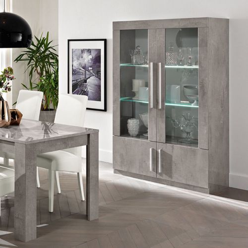 Vitrine 4 Portes Laquée Effet Marbre Poignées Métal Avec LEDs - Clark