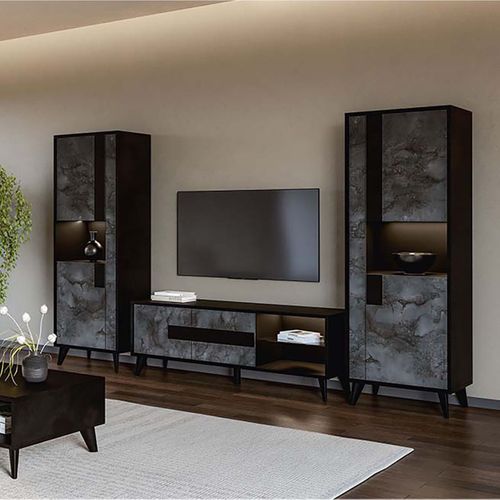 Meuble TV 2 Portes Noir Et Effet Métal Oxydé Avec LEDs - Seattle