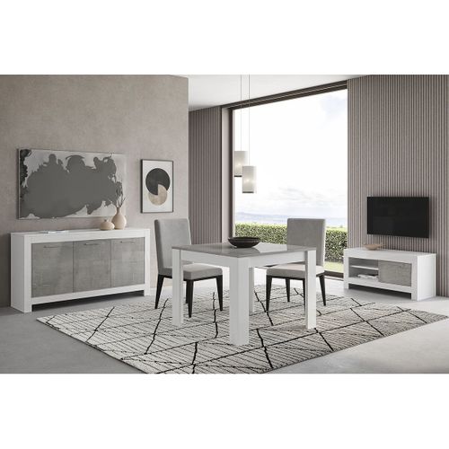 Buffet 3 Portes L160cm Laqué Blanc Brillant Et Gris Marbré - Denae