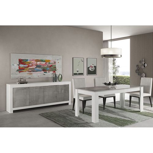 Buffet 4 Portes L207cm Laqué Blanc Brillant Et Gris Marbré - Denae
