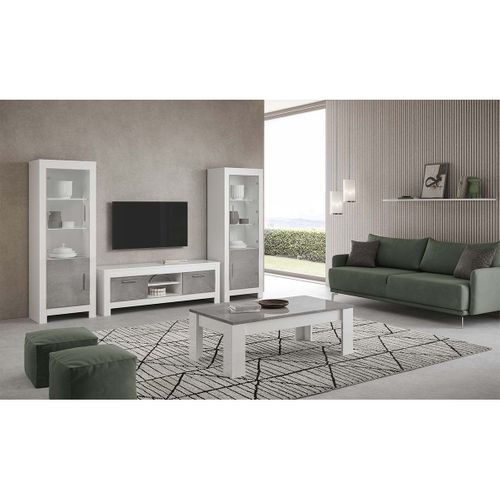 Meuble TV 2 Portes L160cm Laqué Blanc Brillant Et Gris Marbré - Denae