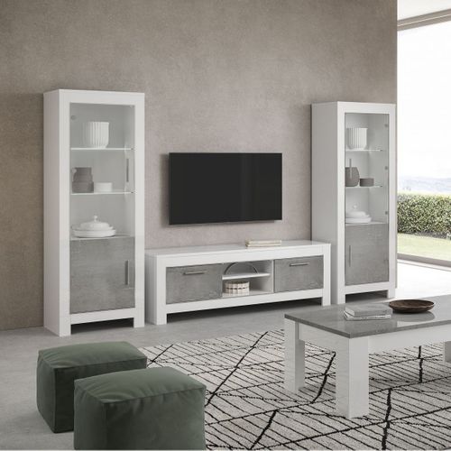 Meuble TV 2 Portes L160cm Laqué Blanc Brillant Et Gris Marbré - Denae