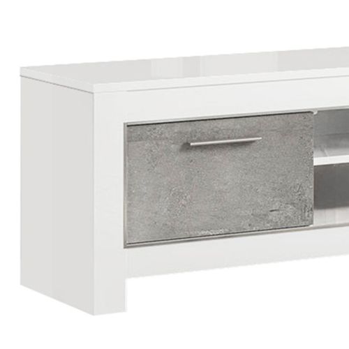 Meuble TV 2 Portes L160cm Laqué Blanc Brillant Et Gris Marbré - Denae
