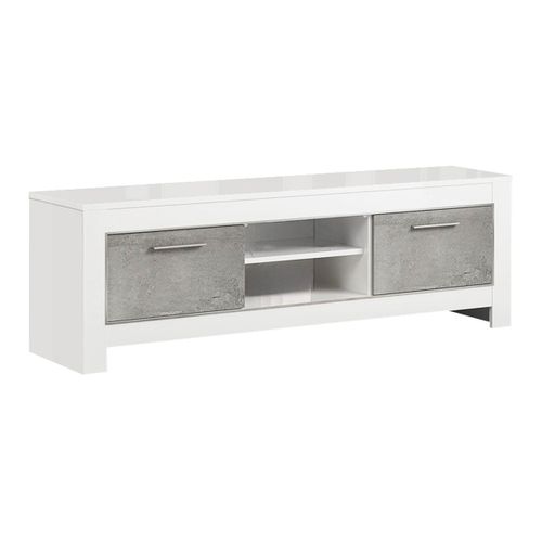 Meuble TV 2 Portes L160cm Laqué Blanc Brillant Et Gris Marbré - Denae