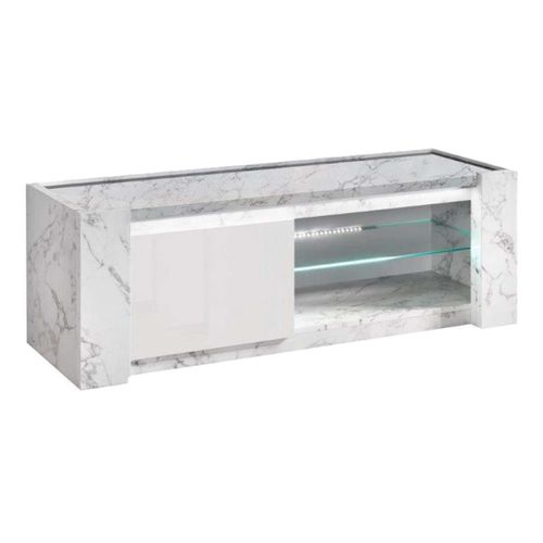 Meuble TV 1 Porte 150cm Laqué Blanc Et Effet Marbre Avec LEDs - Prava