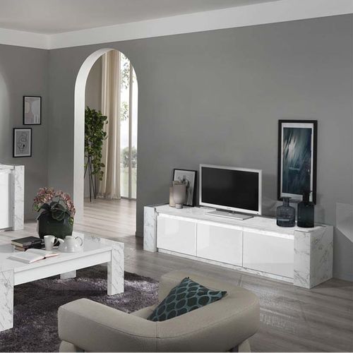 Meuble TV 3 Portes 195cm Laqué Blanc Et Effet Marbre Avec LEDs - Prava