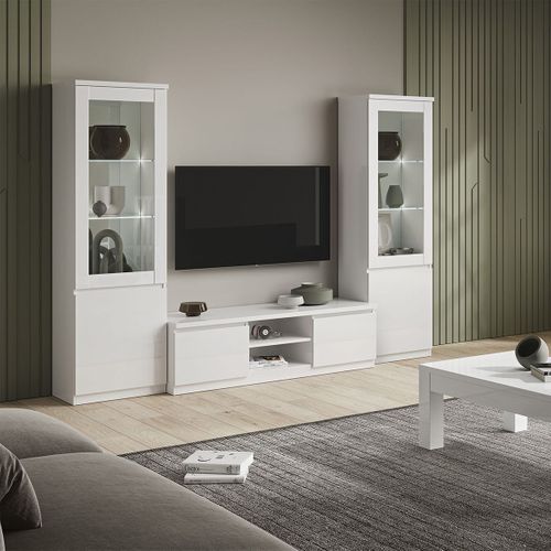 Meuble TV 2 Portes Laqué Blanc Brillant - Deyton