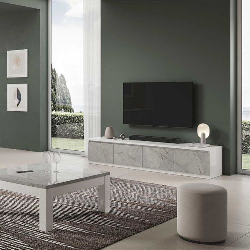Meuble TV 4 Portes Laqué Blanc Et Gris Marbré - Deyton