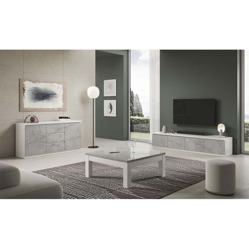 Meuble TV 4 Portes Laqué Blanc Et Gris Marbré - Deyton