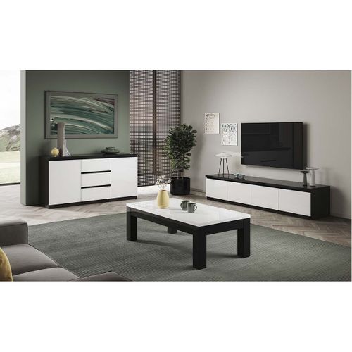 Meuble TV 4 Portes Laqué Noir Et Blanc Brillant - Deyton