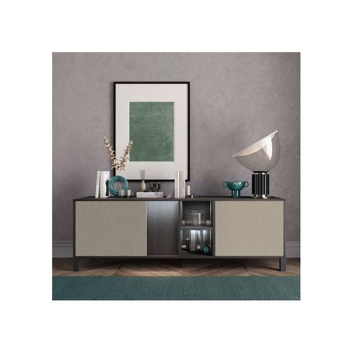 Meuble TV 2 Portes Aspect Chêne Foncé Et Champagne Avec LEDs - Manta