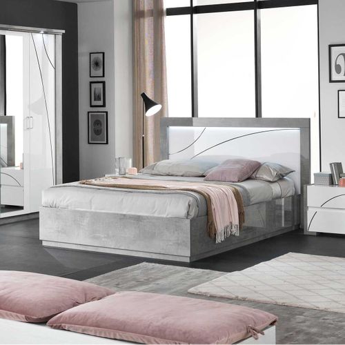 Lit 160x200cm Laqué Blanc Et Gris Béton Détails Chromés Avec LEDs - Lineal