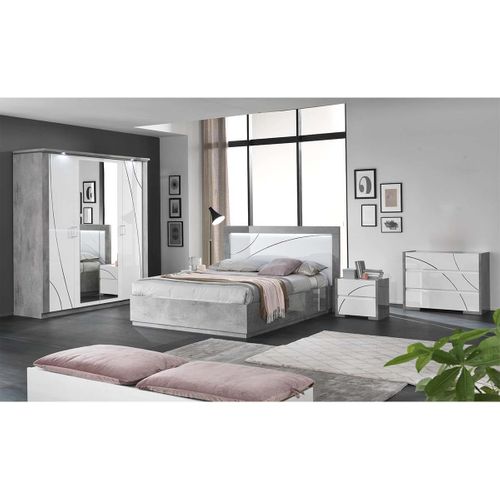Lit 160x200cm Laqué Blanc Et Gris Béton Détails Chromés Avec LEDs - Lineal