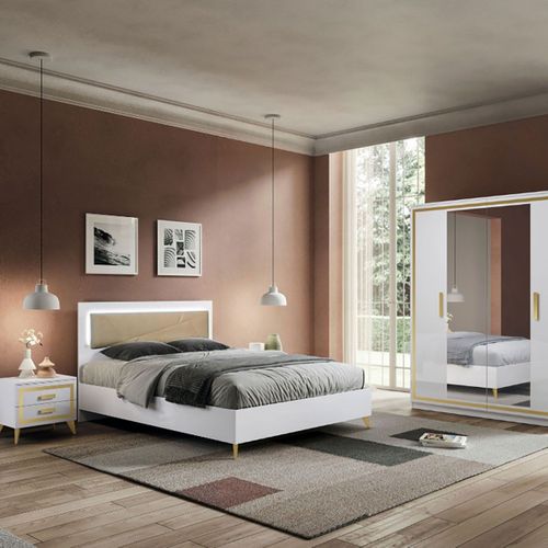 Chambre 160x200cm Blanche Et Décor Doré Lit Avec LEDs + 2 Chevets + Armoire - Jemma