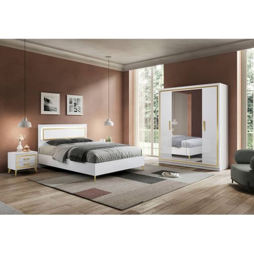 Chambre 160x200cm Blanche Et Décor Doré Lit Avec LEDs + 2 Chevets + Armoire - Jemma