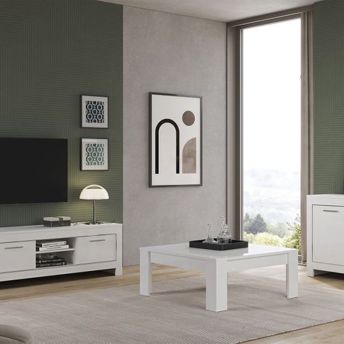 Ensemble Salon Séjour Laqué Blanc Brillant Meuble TV + Buffet 3 Portes + Table 100cm - Denae