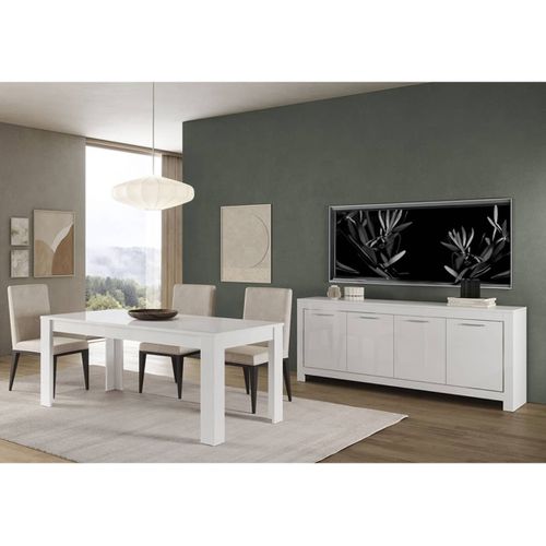Ensemble Séjour Laqué Blanc Brillant Table 160cm + Buffet 4 Portes - Denae