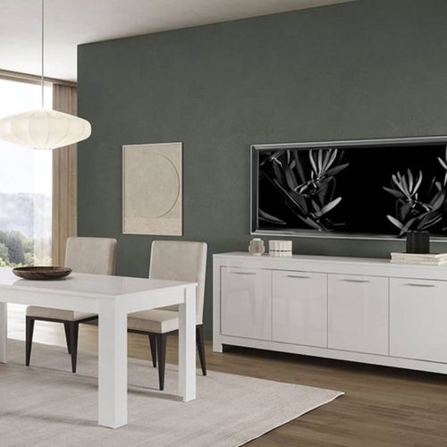 Ensemble Séjour Laqué Blanc Brillant Table 190cm + Buffet 4 Portes - Denae