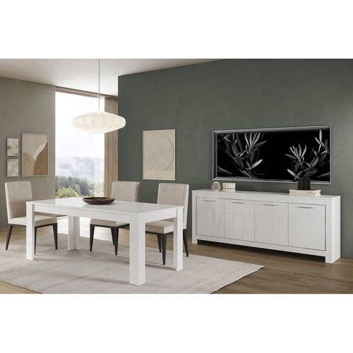 Ensemble Séjour Laqué Blanc Brillant Table 190cm + Buffet 4 Portes - Denae