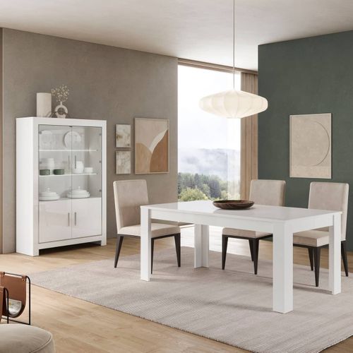 Ensemble Séjour Laqué Blanc Brillant Table 190cm + Vitrine 4 Portes Avec LEDs - Denae