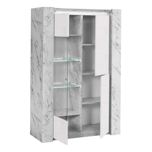 Ensemble Séjour Complet Blanc Et Effet Marbre Table 190cm + Buffet Et Vitrine Avec LEDs - Prava