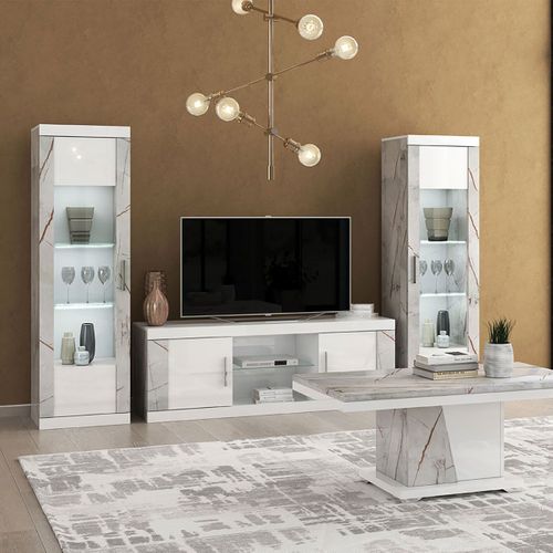Meuble TV 2 Portes Et 2 Niches Blanc Avec Décor Latéral Aspect Marbre - Eros