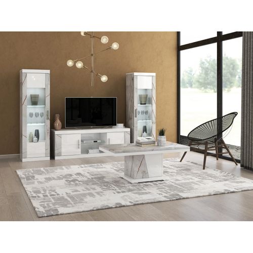Meuble TV 2 Portes Et 2 Niches Blanc Avec Décor Latéral Aspect Marbre - Eros