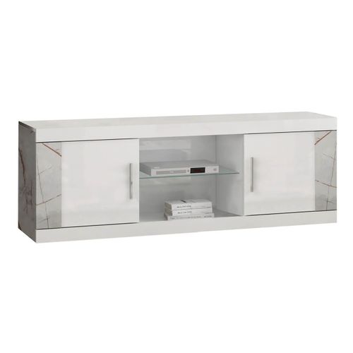 Meuble TV 2 Portes Et 2 Niches Blanc Avec Décor Latéral Aspect Marbre - Eros