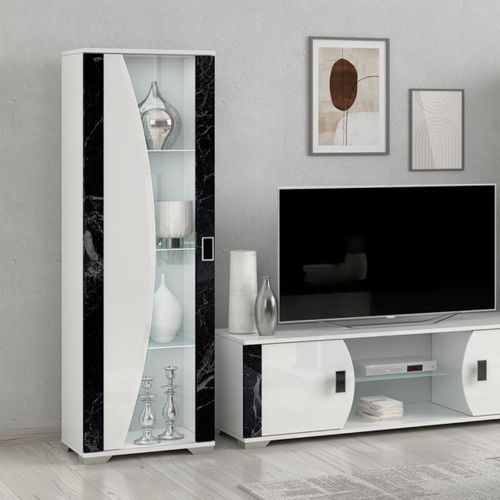 Vitrine 1 Porte Blanc Eclairage LED Intégré Avec Décor Latéral Aspect Marbre Noir - Ariane