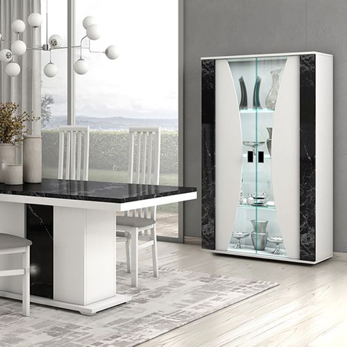 Vitrine 2 Portes Blanc Eclairage LED Intégré Avec Décor Latéral Aspect Marbre Noir - Ariane