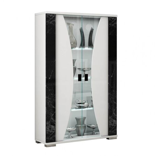 Vitrine 2 Portes Blanc Eclairage LED Intégré Avec Décor Latéral Aspect Marbre Noir - Ariane