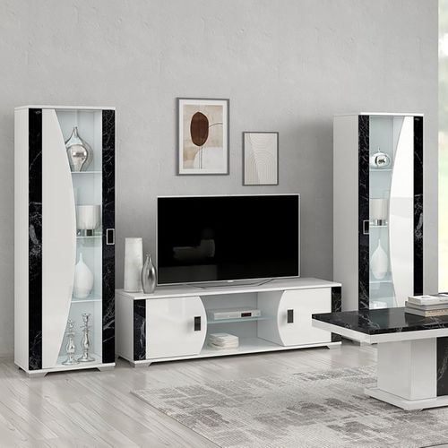 Meuble TV 2 Portes Et 2 Niches Blanc Avec Décor Latéral Aspect Marbre Noir - Ariane