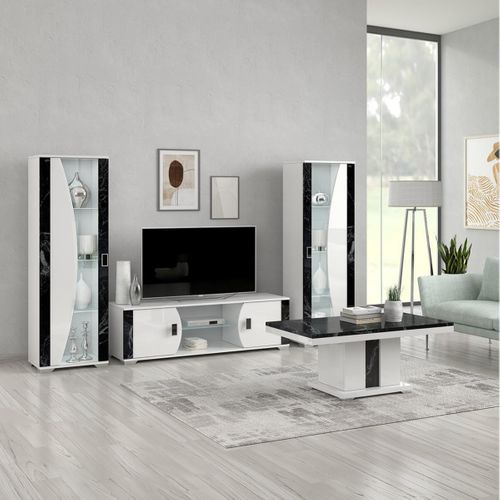 Meuble TV 2 Portes Et 2 Niches Blanc Avec Décor Latéral Aspect Marbre Noir - Ariane