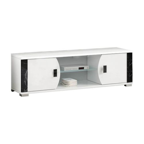 Meuble TV 2 Portes Et 2 Niches Blanc Avec Décor Latéral Aspect Marbre Noir - Ariane