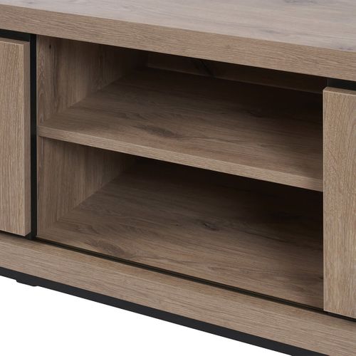 Meuble TV 2 Portes Coulissantes Effet Claustra Finition Canyon - Phileas