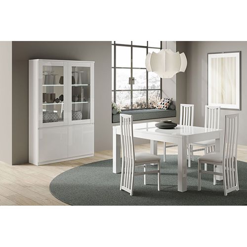Ensemble Séjour Laqué Blanc Table 160cm + Vitrine Avec LEDs - Deyton