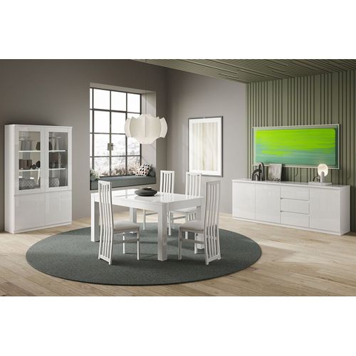 Ensemble Séjour Complet Laqué Blanc Table 160cm + Buffet + Vitrine Avec LEDs - Deyton