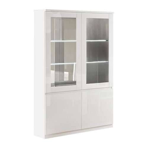 Ensemble Séjour Complet Laqué Blanc Table 160cm + Buffet + Vitrine Avec LEDs - Deyton