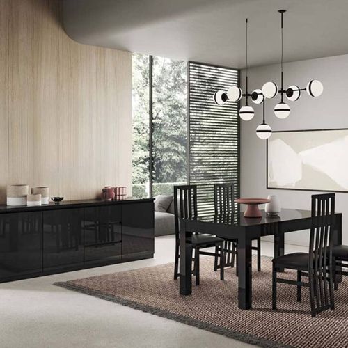 Ensemble Séjour Complet Laqué Noir Table 160cm + Buffet + Vitrine Avec LEDs - Deyton