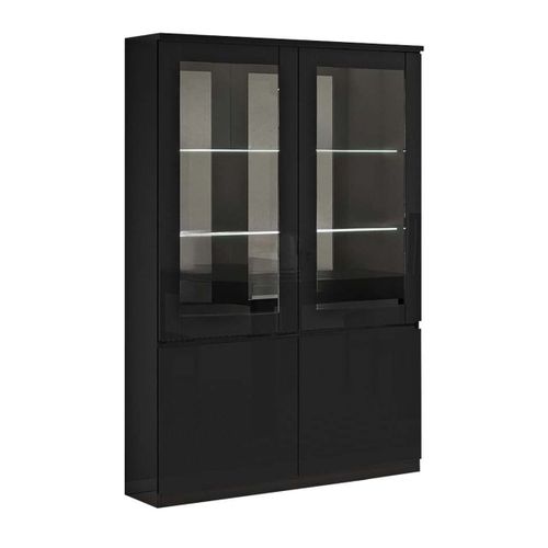 Ensemble Séjour Complet Laqué Noir Table 160cm + Buffet + Vitrine Avec LEDs - Deyton