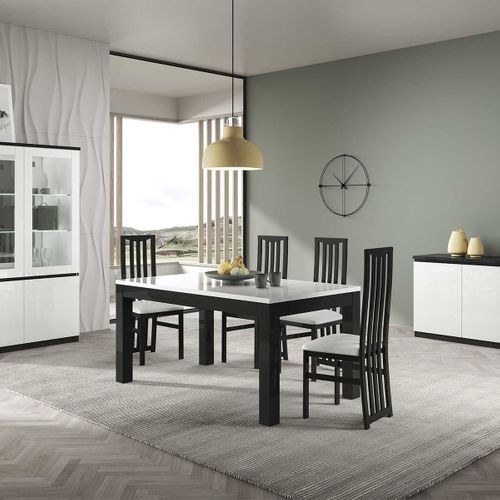 Ensemble Séjour Complet Laqué Noir Et Blanc Table 160cm + Buffet + Vitrine Avec LEDs - Deyton