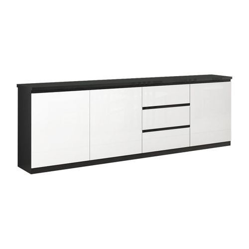 Ensemble Séjour Complet Laqué Noir Et Blanc Table 190cm + Buffet + Vitrine Avec LEDs - Deyton